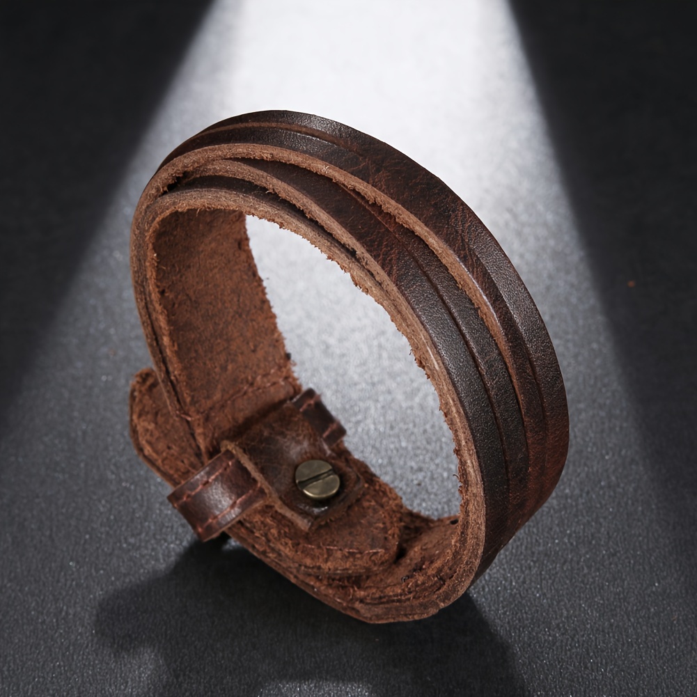 Men's Leather Wide Cuff Bracelet Handcrafted Layer